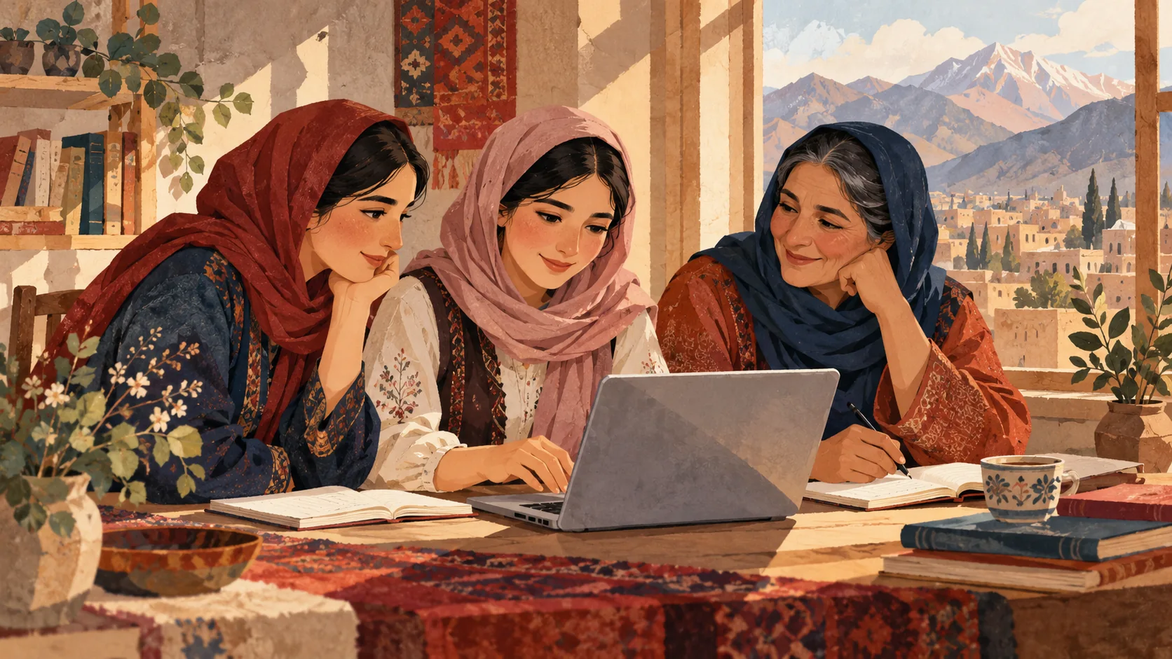 Illustration of Afghan women learning together at a table